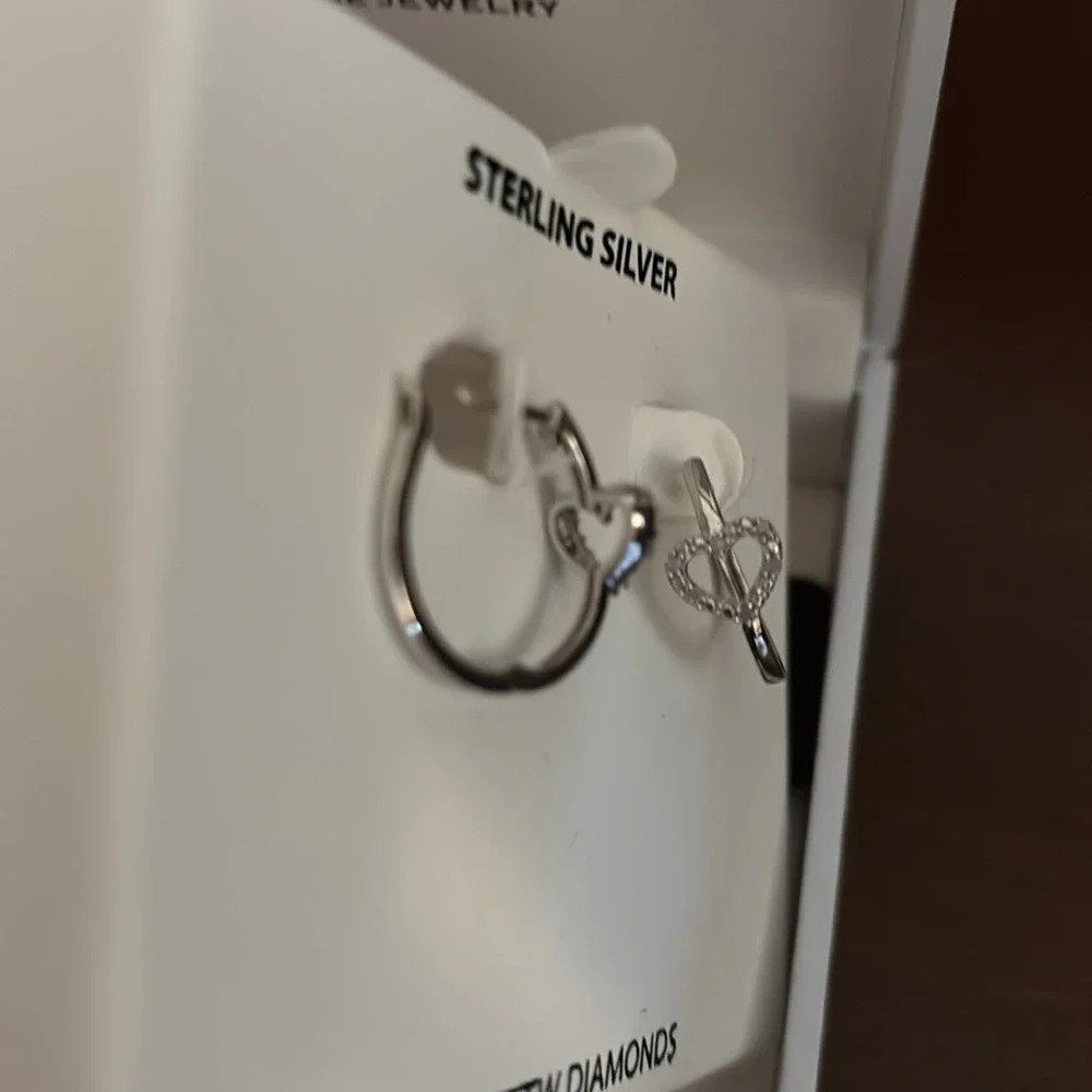 Sterling Silver Diamond Hoop heart Earrings ❤️ - Picture 6 of 6